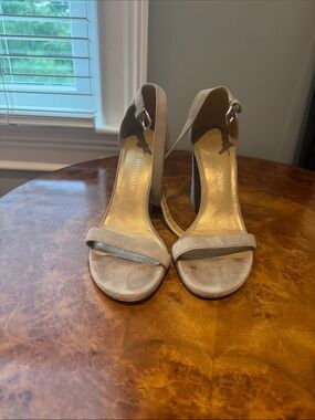 Stuart Weitzman Taupe Suede Open-Toe Ankle Strap Heels